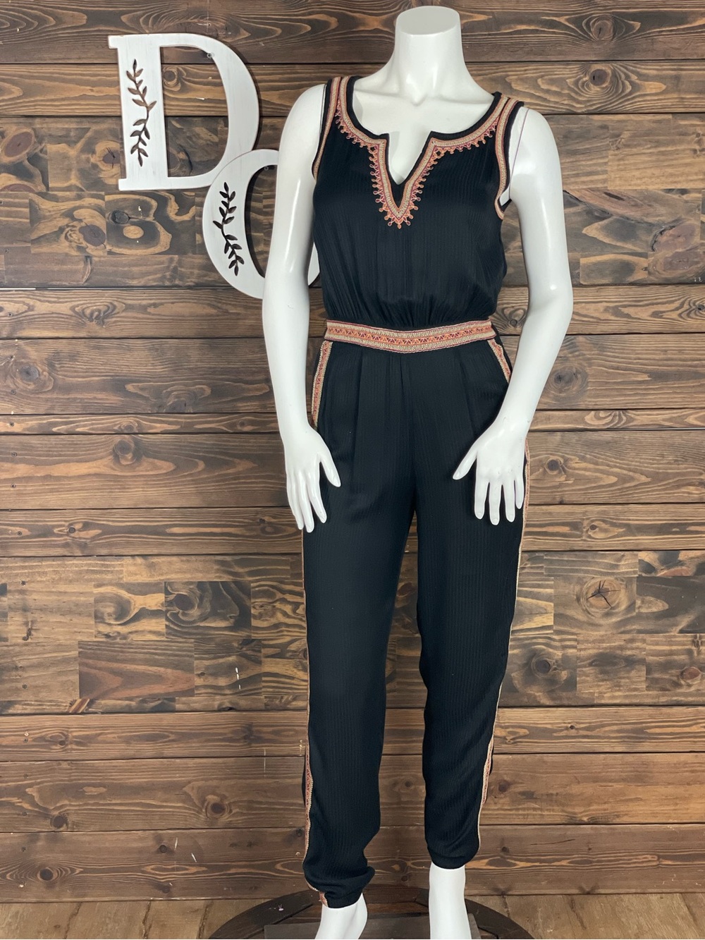 Lucky Brand | Black Jumpsuit Tan Embroidered Trim Crochet Lace Boho Split V-Neck